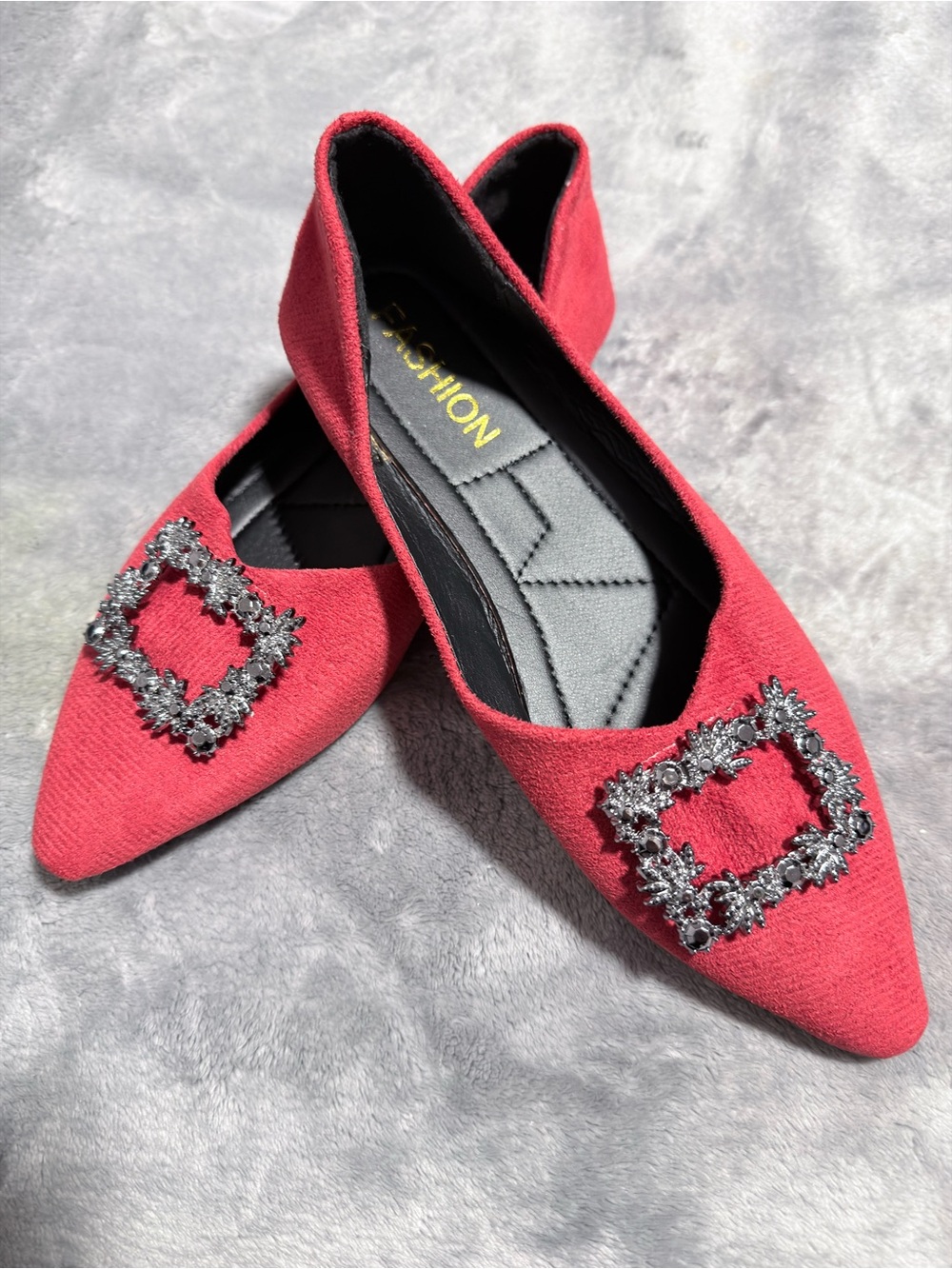 Red Pointed-Toe Embellished Women's Flats